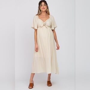 Beige Front Tie Ruffle Sleeve Maternity Midi Dress